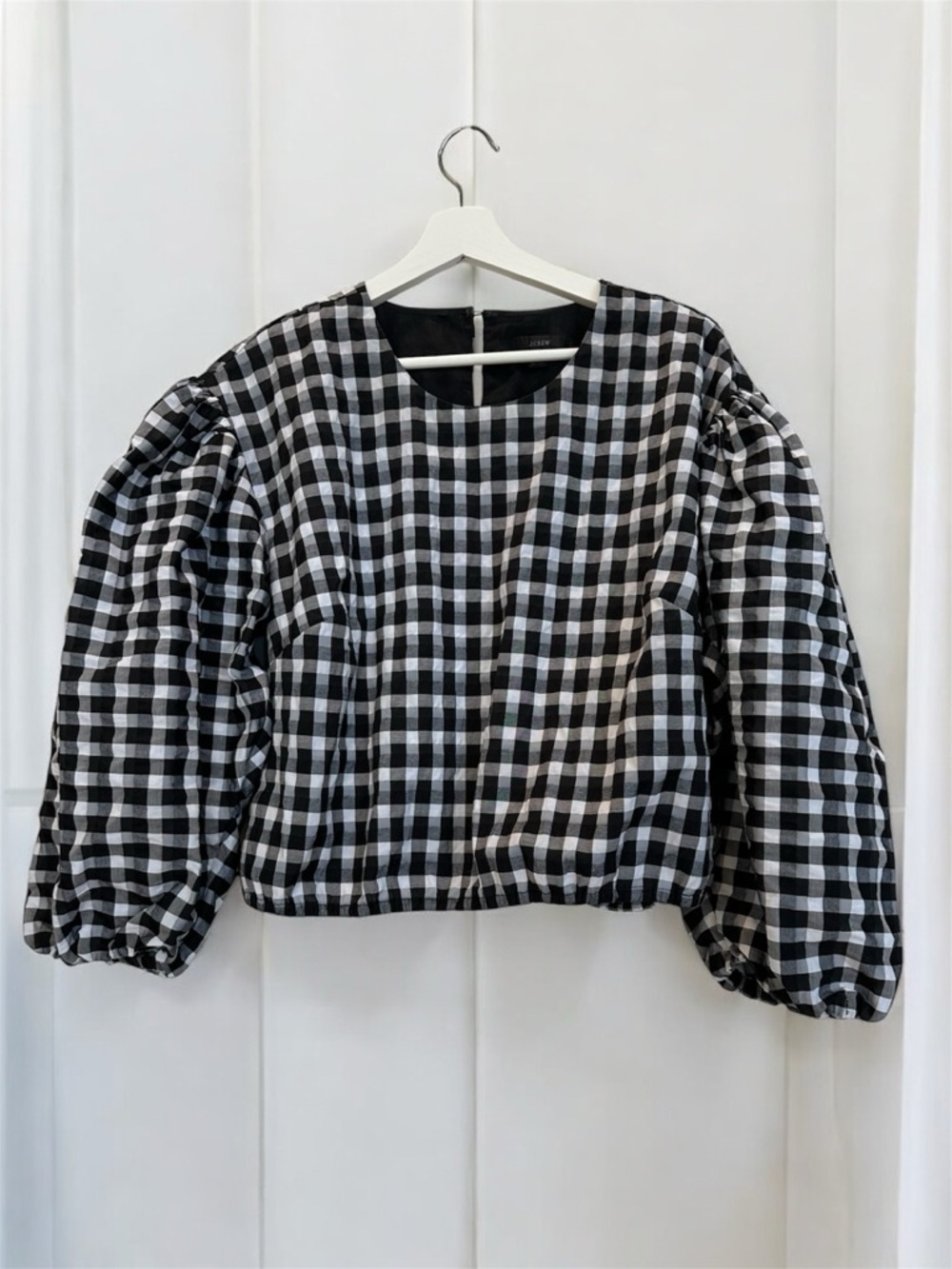 J. Crew Black and White Gingham Puff-Sleeve Cropped Blouse